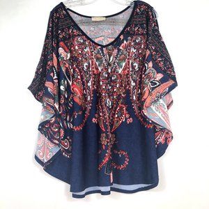 1X Stretch Top Boho Sexy Cold Shoulder Bat Wing Caftan Poncho Navy EUC box 1